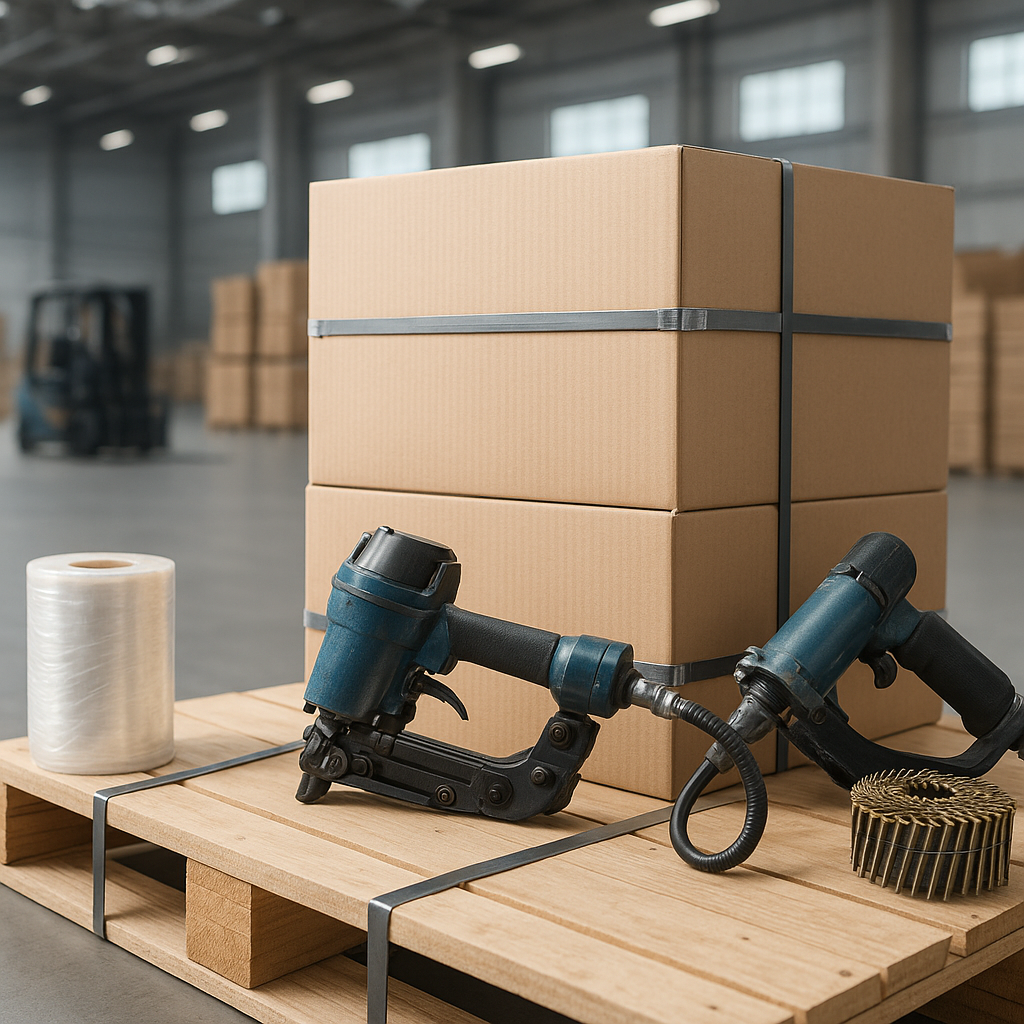 Industrial packaging solutions in a warehouse with steel strapping and pneumatic fastening.